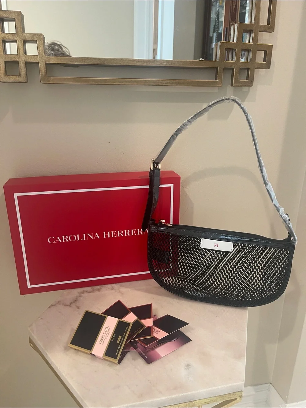 Carolina Herrera Black Mesh Shoulder Hobo Bag